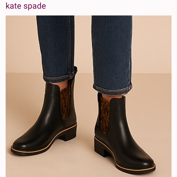 🌹Kate Spade woman’s black Sedgwick Domina Leopard print Chelsea ankle rain boots - Picture 1 of 16